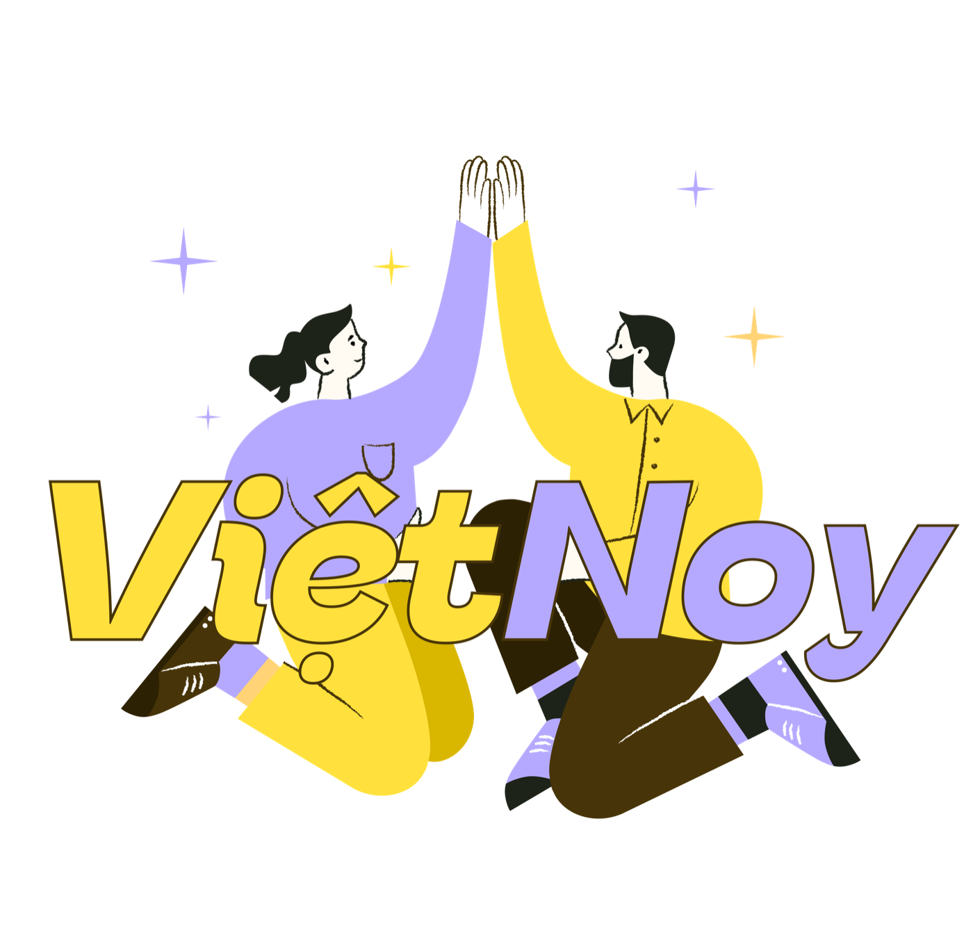 Việt.Noy — two friends high-fiving over the Việt.Noy wordmark